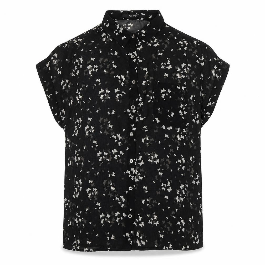 Front view of George women’s black geometric polyester basic button-up, size UK 8, collared - butterflies