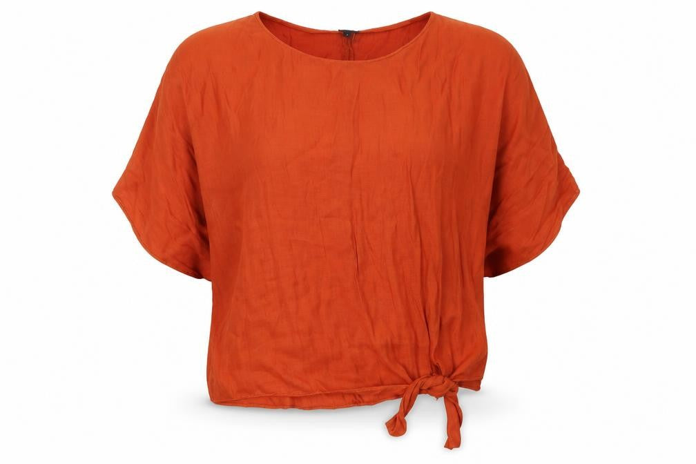 Front view of River Island women’s orange viscose basic t-shirt, size S, round neck - tie detail