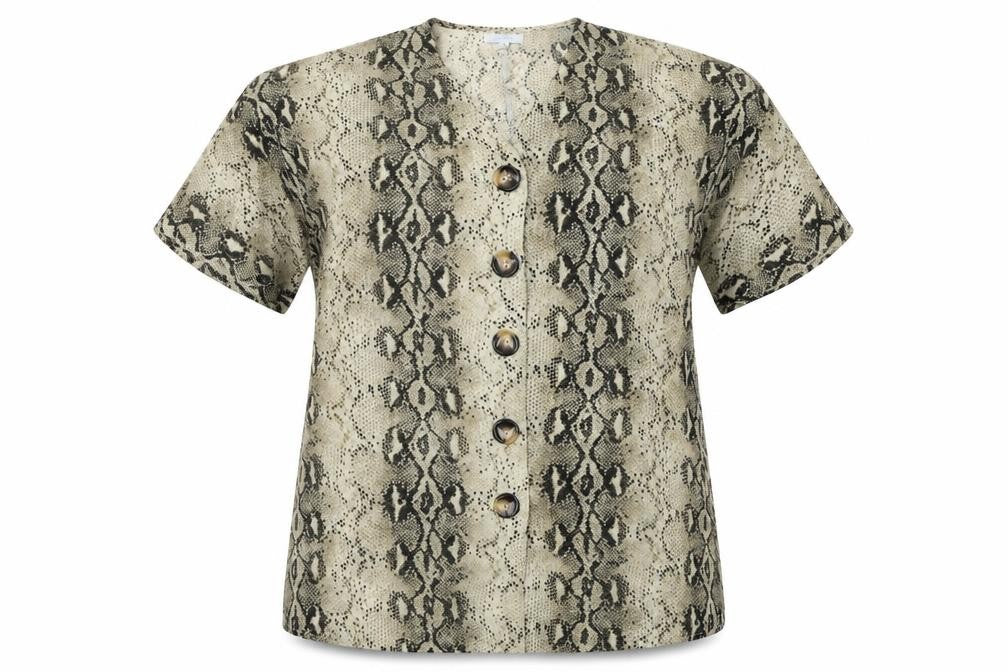 Front view of Blue Vanilla women’s brown animal print polyester basic button-up, size UK 16, v-neck