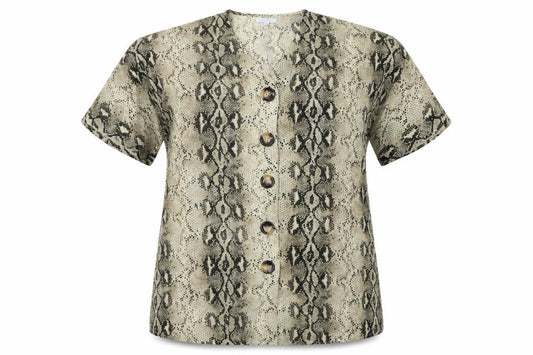Front view of Blue Vanilla women’s brown animal print polyester basic button-up, size UK 16, v-neck