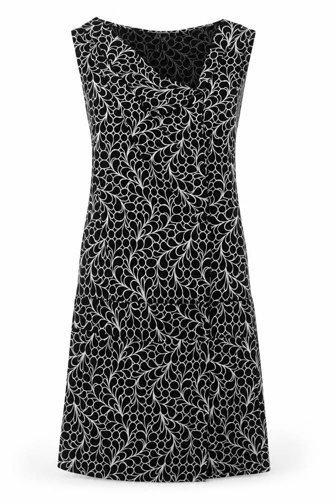 Front view of women’s black geometric polyester bodycon, size M, v-neck pullover