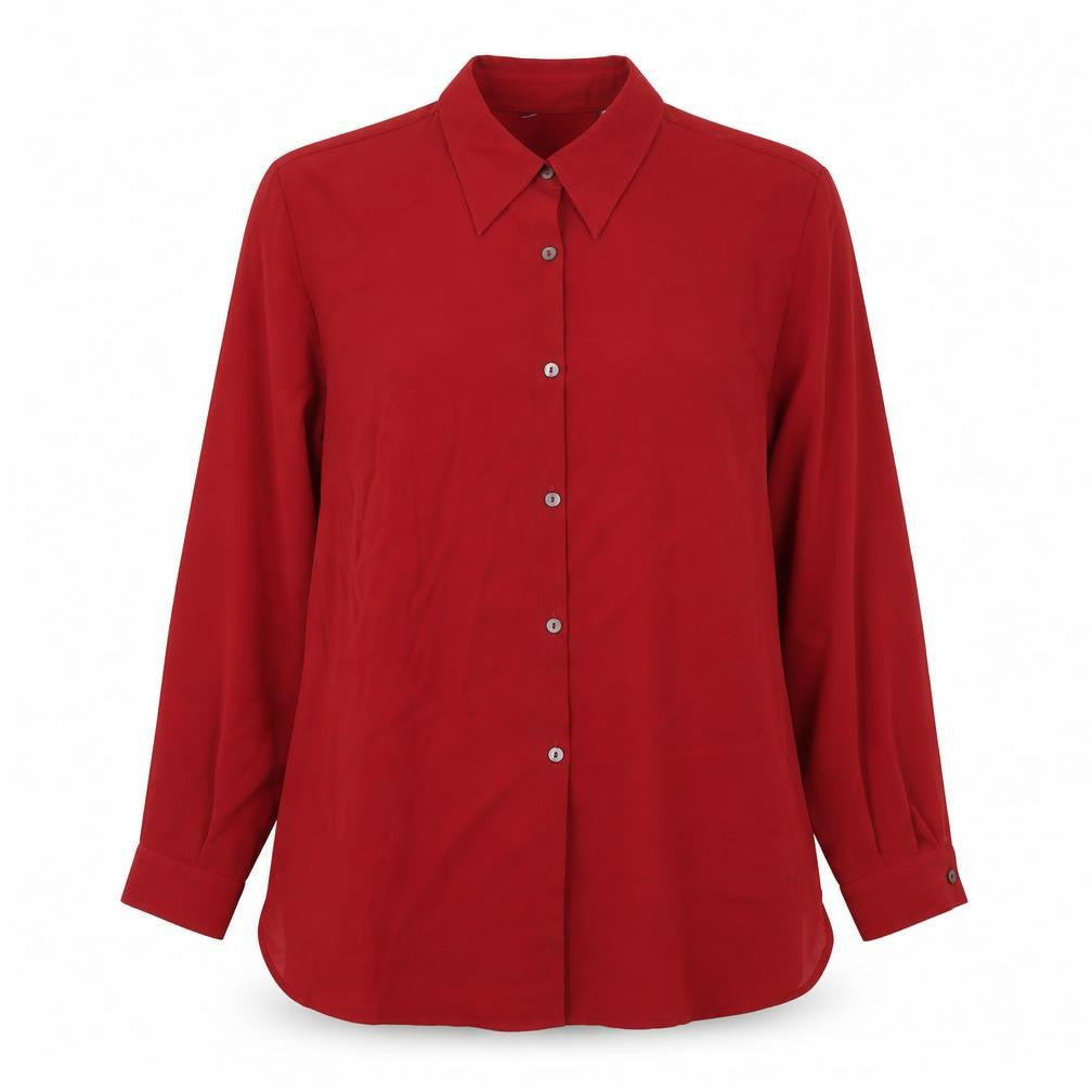 Front view of Preworn women’s red polyester basic button-up, size UK 10, collared