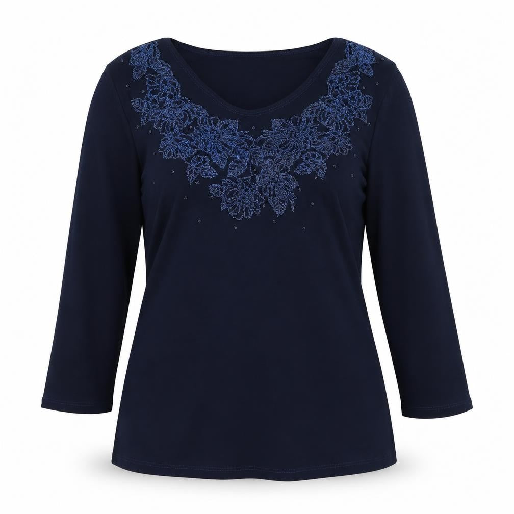 Front view of First Avenue women’s blue floral polyester basic t-shirt, size UK 12, round neck