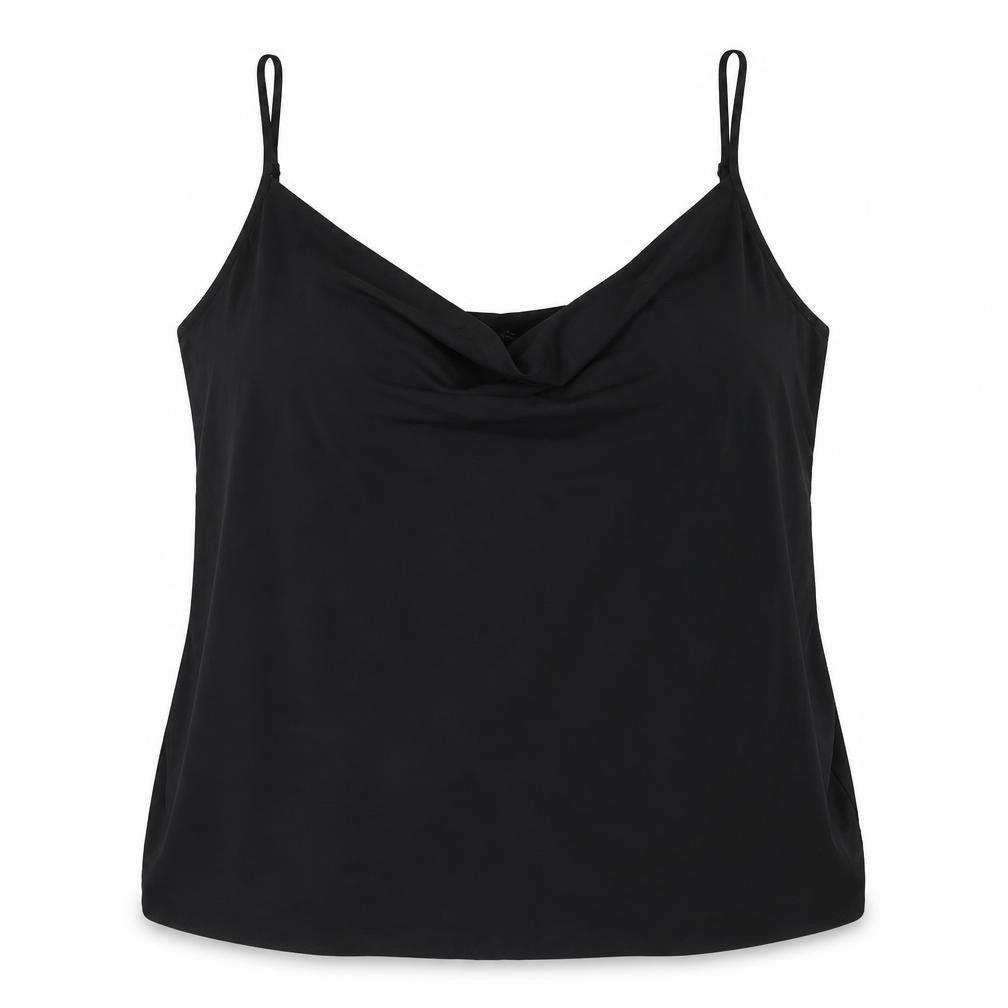 Front view of Boohoo women’s black polyester basic tank, size UK 20, cowl neck