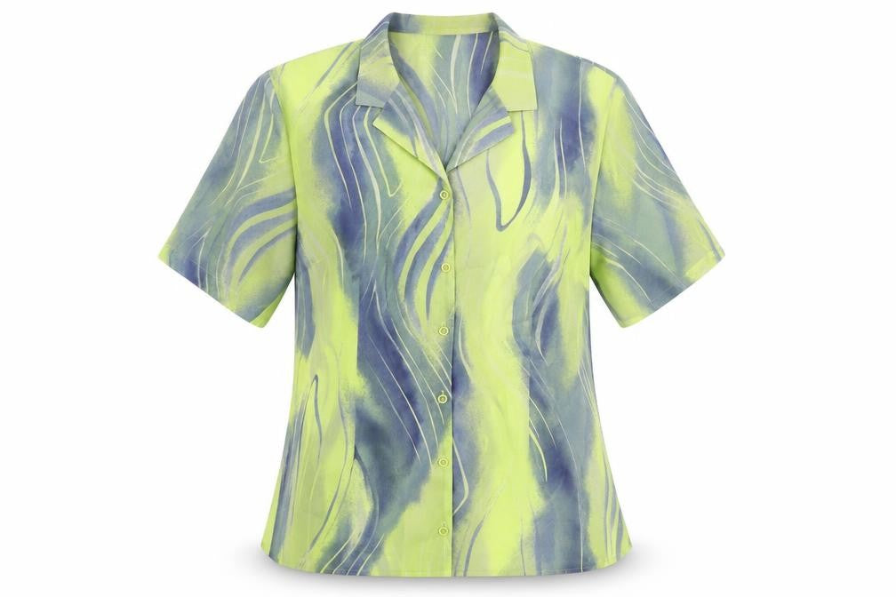 Front view of Fisser women’s yellow geometric polyester basic button-up, size UK 16, collared