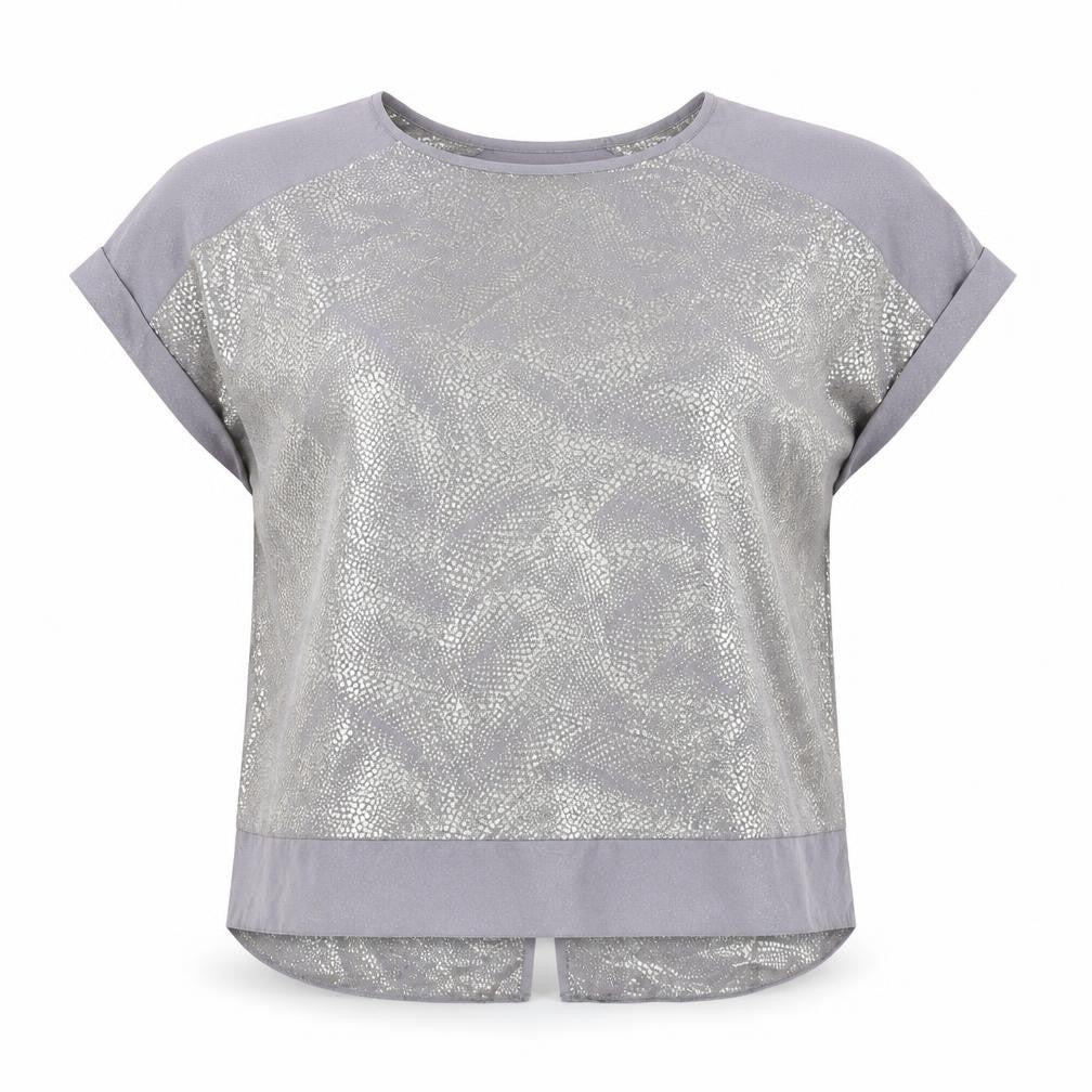 Front view of Wallis women’s grey animal print polyester basic blouse, size S, round neck