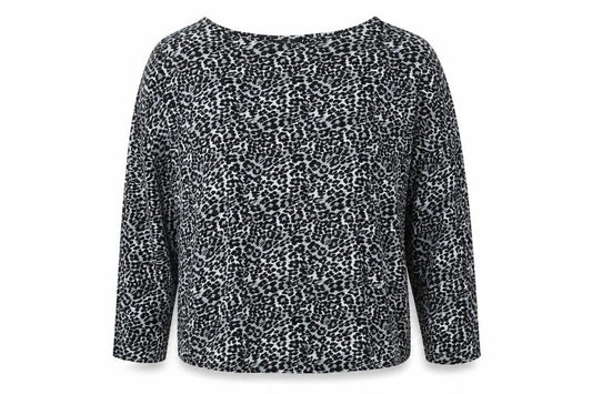 Front view of Wallis women’s black animal print viscose basic blouse, size S, boat neck