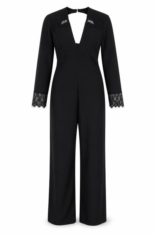 Front view of Kilibbi women’s black 100% polyester jumpsuit one-piece, size S, 26-inch leg zip - low back, lace detail