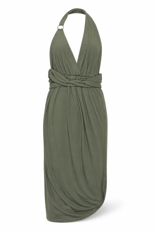 Front view of Polly women’s green polyester wrap dress, size UK 8, halter pullover - elastic waist