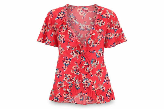 Front view of Chamistry women’s pink v-neck floral polyester cardigan jumper, size UK 8, - wrap tie