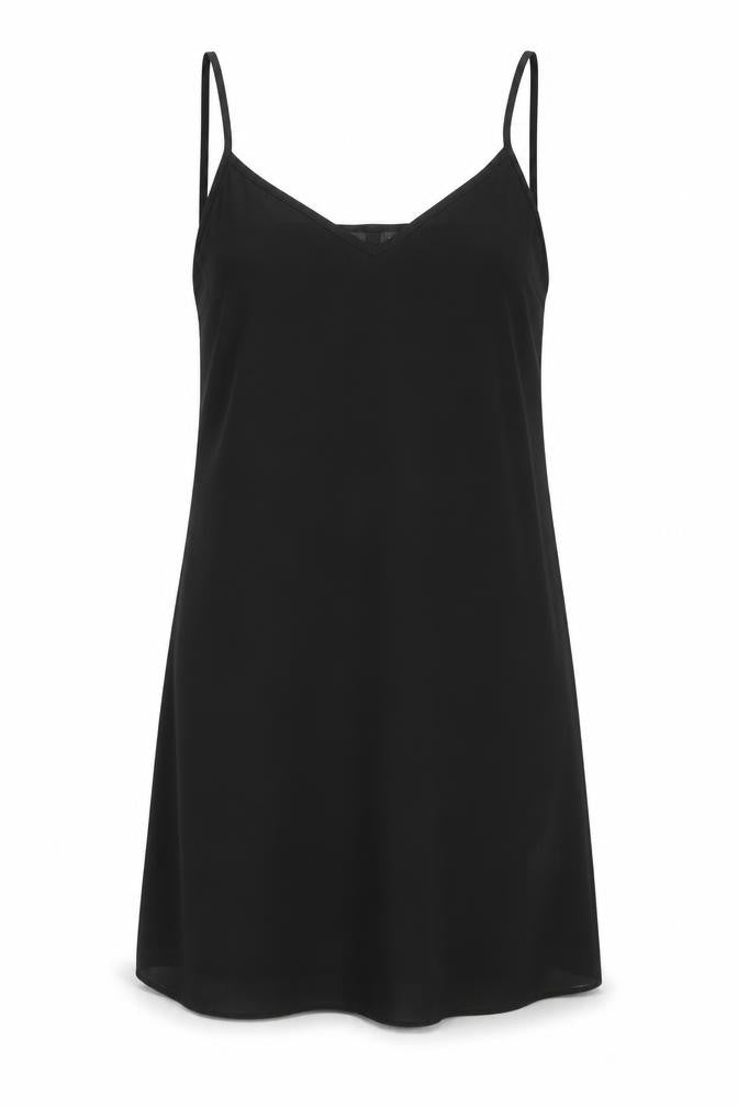 Front view of River Island women’s black polyester tank dress, size UK 12, v-neck pullover