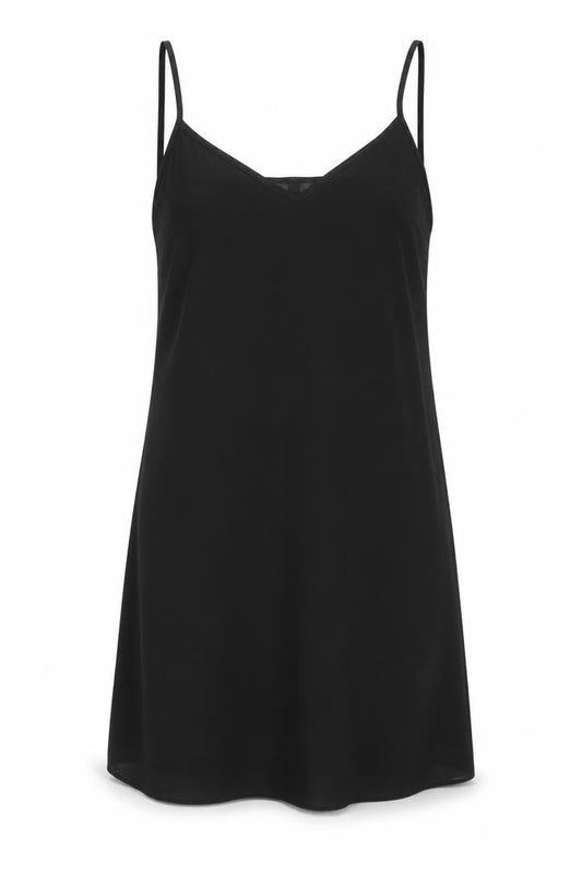 Front view of River Island women’s black polyester tank dress, size UK 12, v-neck pullover
