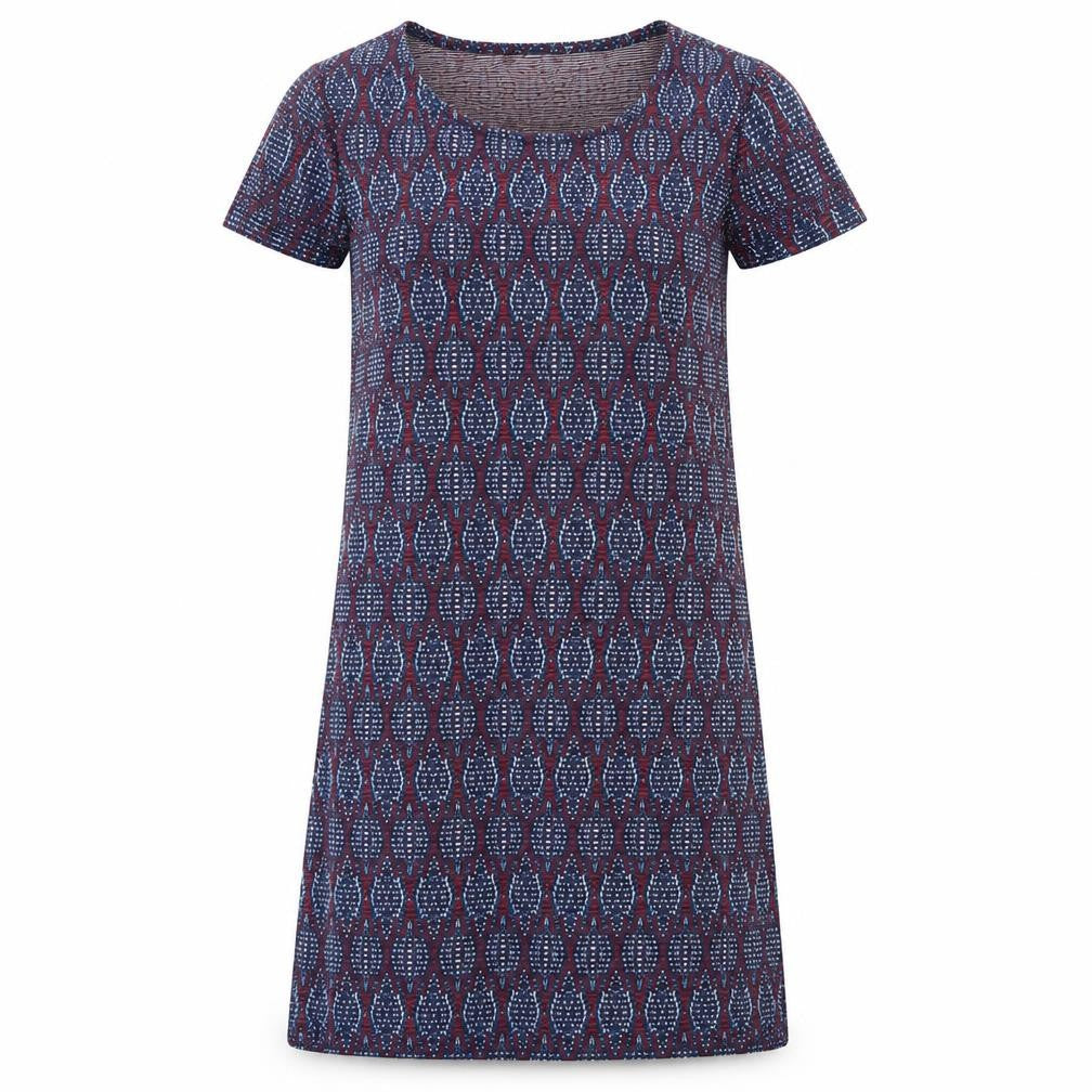 Front view of women’s blue geometric polyester a-line, size XS, scoop neck pullover