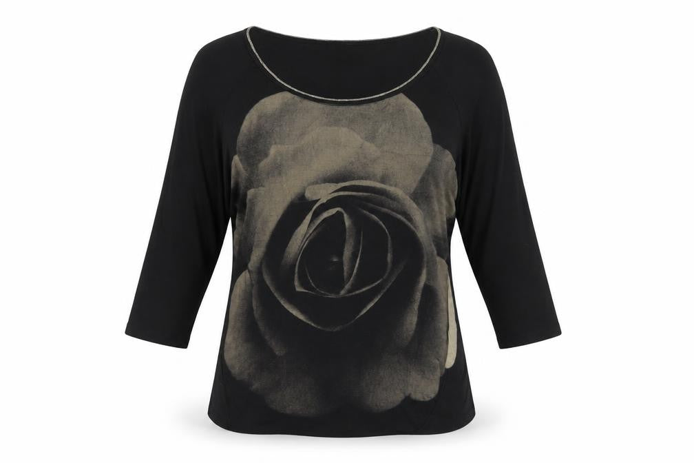 Front view of Edizta women’s black polyester basic t-shirt, size M, scoop neck - rose