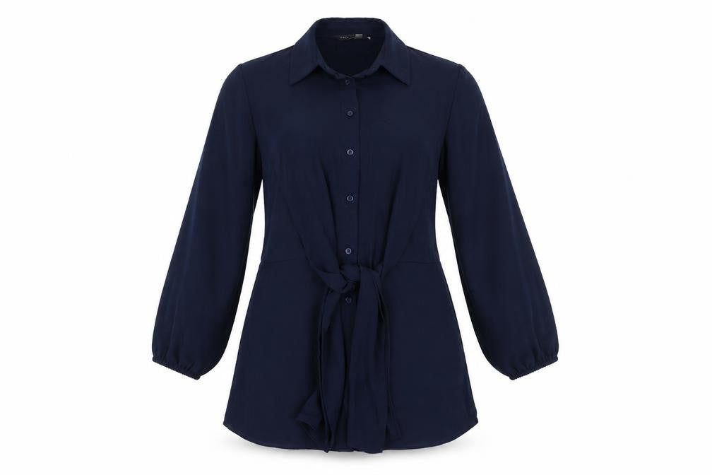 Front view of Marks & Spencer women’s blue polyester basic button-up, size UK 10, collared
