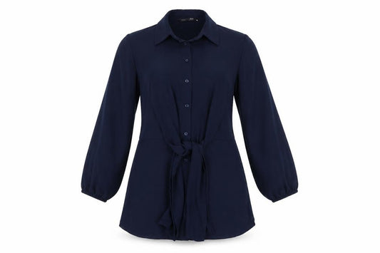 Front view of Marks & Spencer women’s blue polyester basic button-up, size UK 10, collared