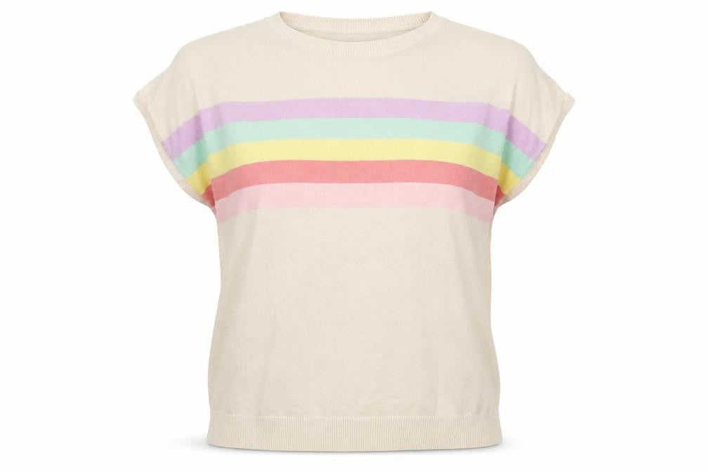 Front view of Lipsy women’s beige round neck striped viscose jumper, size UK 12