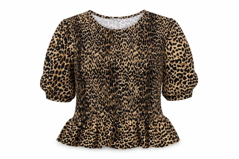 Front view of Oasis women’s brown animal print polyester basic blouse, size M, round neck