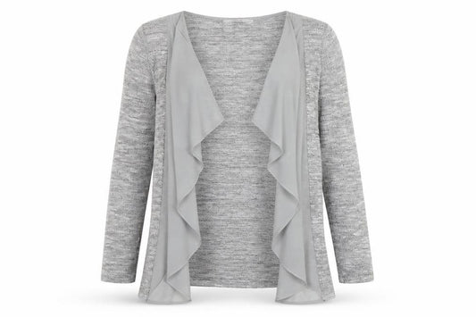 Front view of George women’s grey v-neck polyester cardigan jumper, size UK 14, - mesh detail