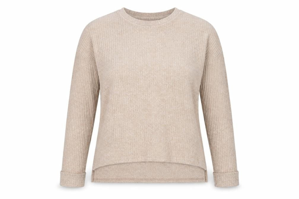 Front view of Primark women’s beige round neck polyester jumper, size S, - ribbed fabric