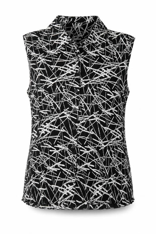 Front view of Bonmarché women’s black geometric polyester basic button-up, size UK 14, collared