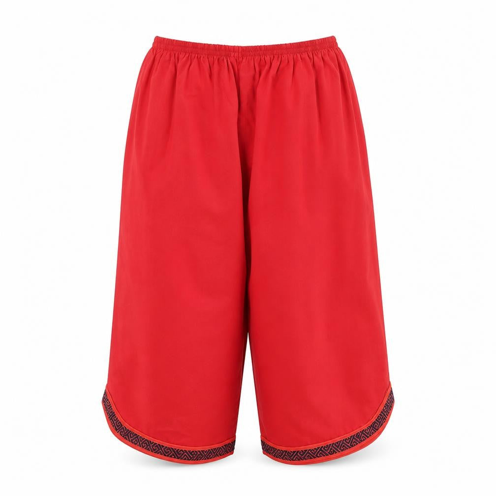 Front view of Preworn women’s red polyester cropped trousers, size UK 12, regular