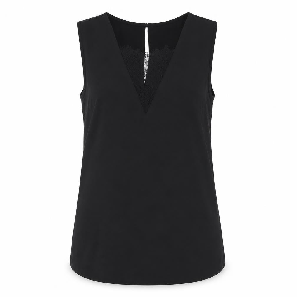 Front view of H&M women’s black polyester basic blouse, size UK 10, round neck - lace insert