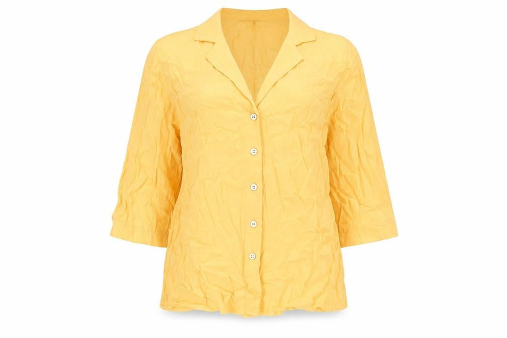 Front view of Marks & Spencer women’s yellow viscose basic button-up, size UK 10, collared