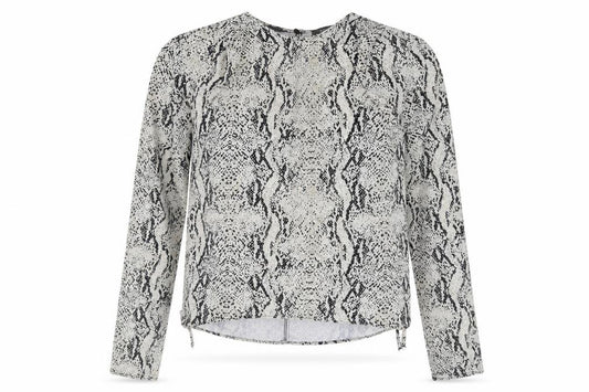 Front view of Primark women’s grey animal print polyester basic blouse, size UK 10, round neck - side tie snake skin print