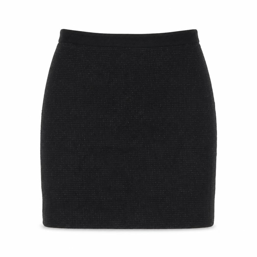 Front view of Planet women’s black polyester mini skirt, size UK 32, in zip