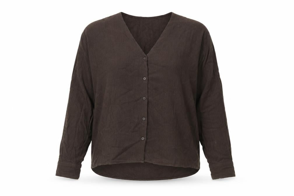 Front view of Weekday women’s brown viscose basic button-up, size S, v-neck