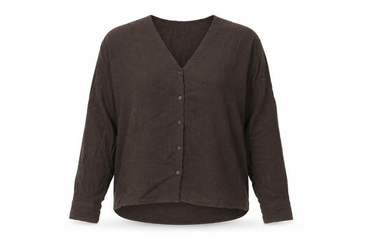 Front view of Weekday women’s brown viscose basic button-up, size S, v-neck