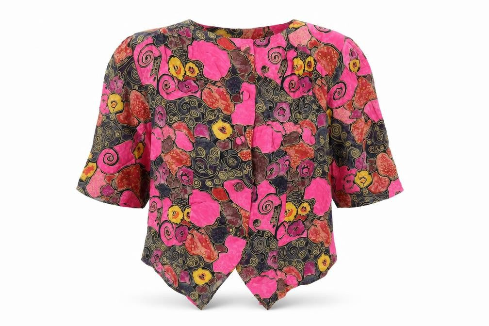 Front view of Vivienne Lawrence women’s multicoloured geometric viscose basic button-up, size UK 12, round neck
