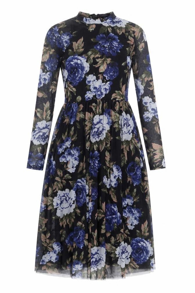 Y.A.S Womens Black Floral Polyamide Fit & Flare Size M Mock Neck Zip