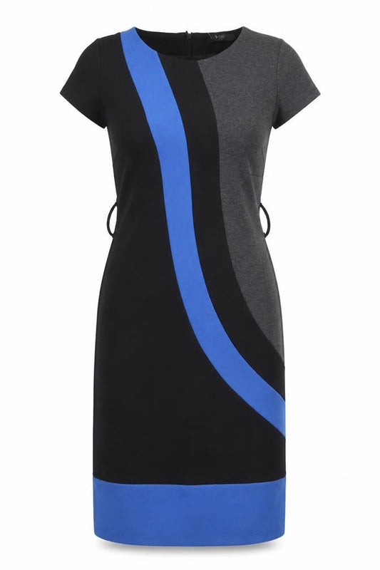 Front view of BHS women’s multicoloured polyester pencil dress, size UK 10, round neck zip - colourblpock
