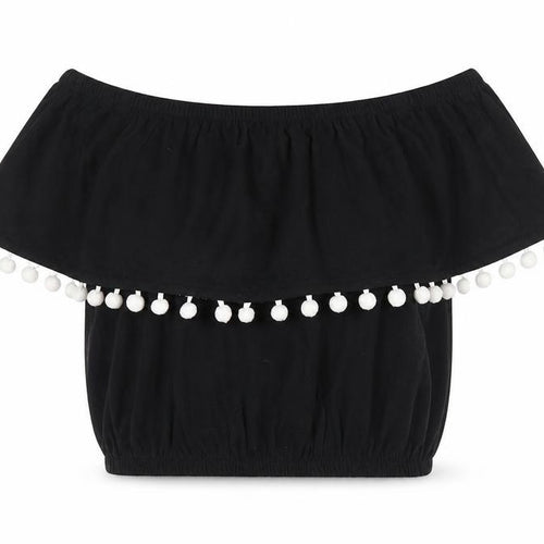 Primark Womens Black 100% Cotton Cropped Tank Size 6 Off the Shoulder - Pom Pom Trim Bandeau Top