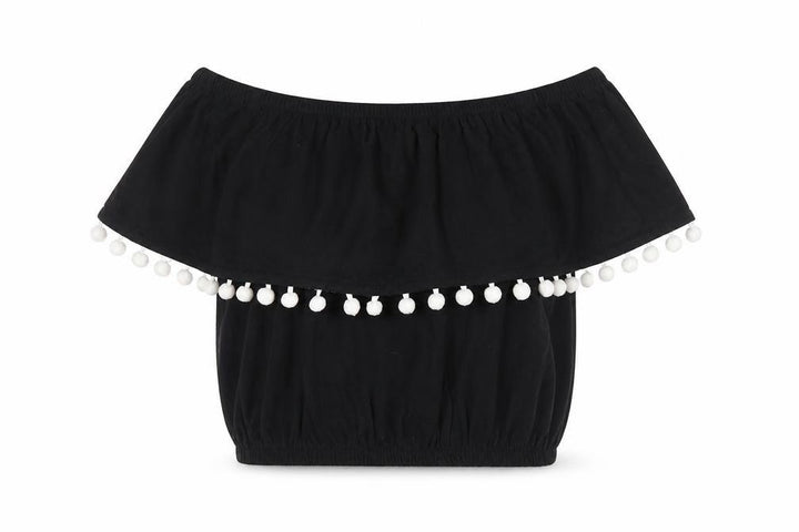 Primark Womens Black 100% Cotton Cropped Tank Size 6 Off the Shoulder - Pom Pom Trim Bandeau Top