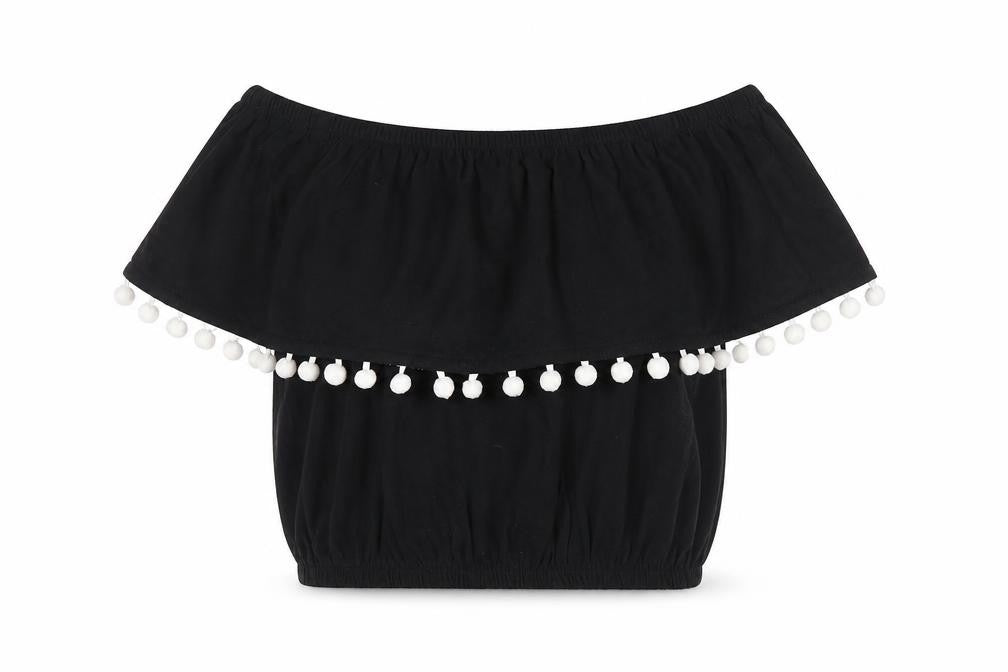 Primark Womens Black 100% Cotton Cropped Tank Size 6 Off the Shoulder - Pom Pom Trim Bandeau Top