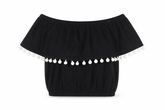 Front view of Primark women’s black 100% cotton cropped tank, size UK 6, off the shoulder - pom pom trim bandeau top