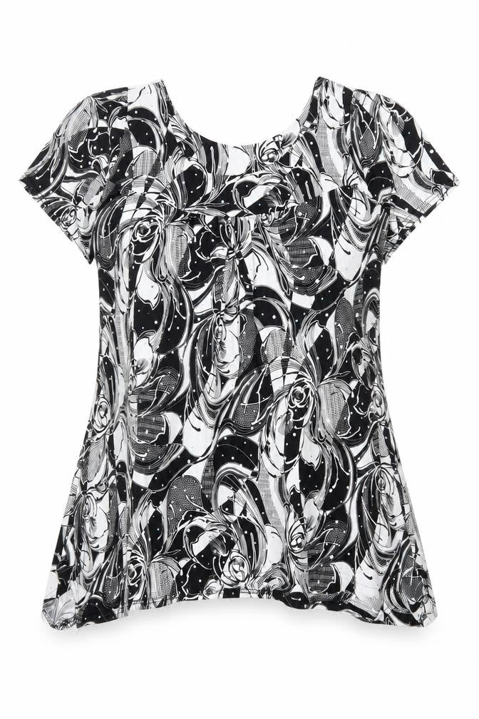 Front view of Must women’s black geometric polyester basic blouse, size M, scoop neck