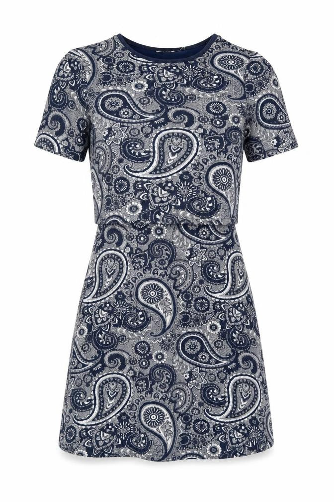 Front view of Oasis women’s blue paisley polyester a-line, size S, round neck pullover