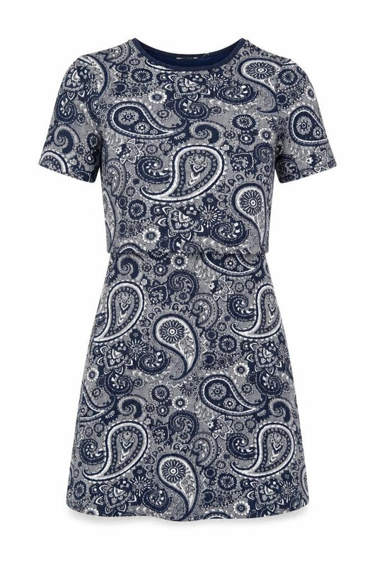 Front view of Oasis women’s blue paisley polyester a-line, size S, round neck pullover