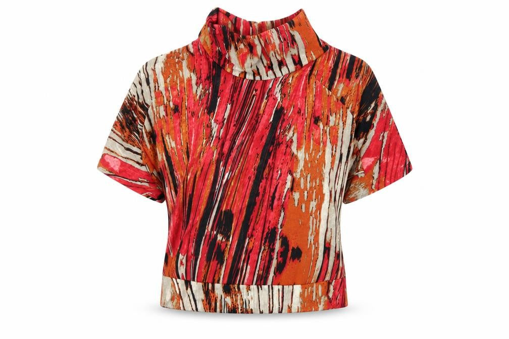 Front view of Mr Max women’s multicoloured geometric polyester basic t-shirt, size L, high neck