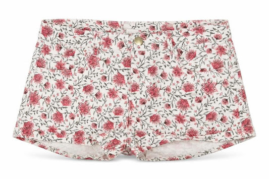 Front view of H&M women’s multicoloured floral cotton hot pants shorts, size UK 6, regular zip