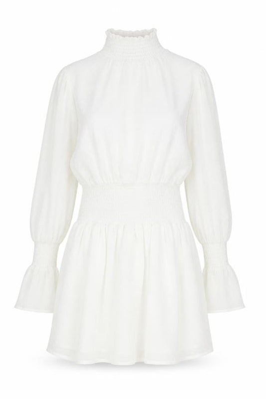Front view of Boohoo women’s white polka dot polyester fit & flare, size UK 8, high neck pullover