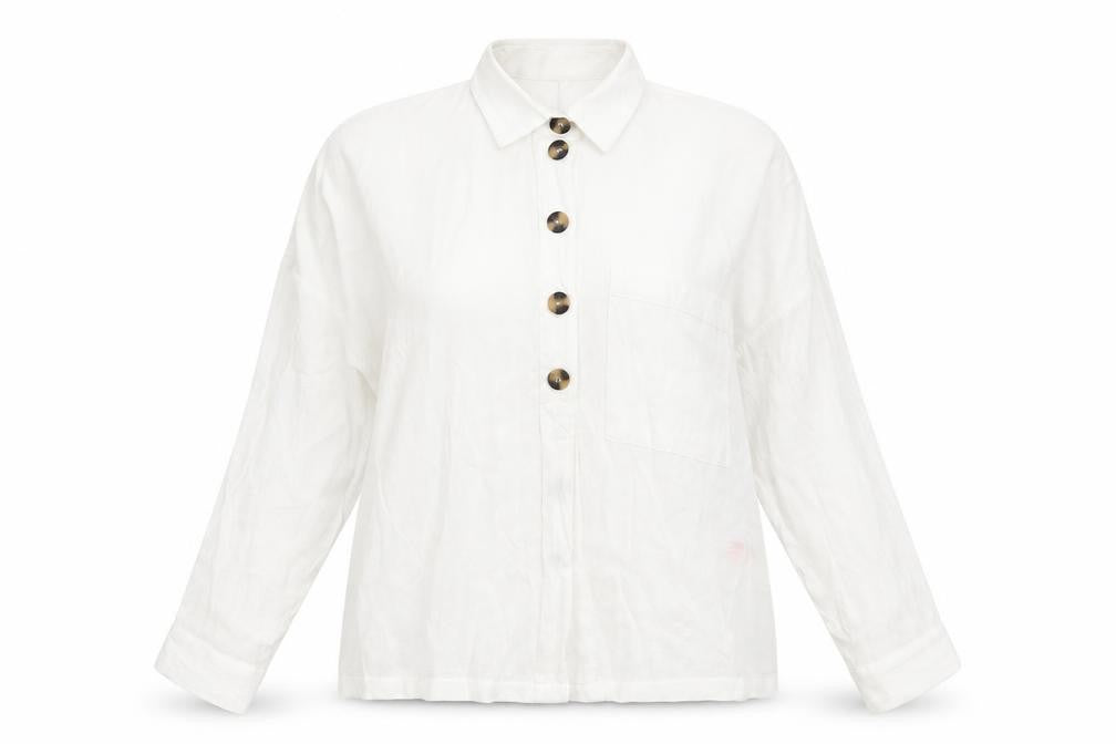 Front view of Dororthy Perkins women’s white viscose basic button-up, size UK 6, collared