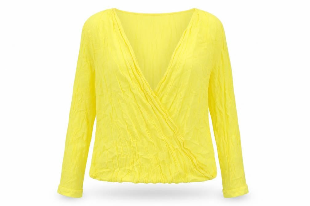 Front view of F&F women’s yellow viscose basic blouse, size UK 20, v-neck