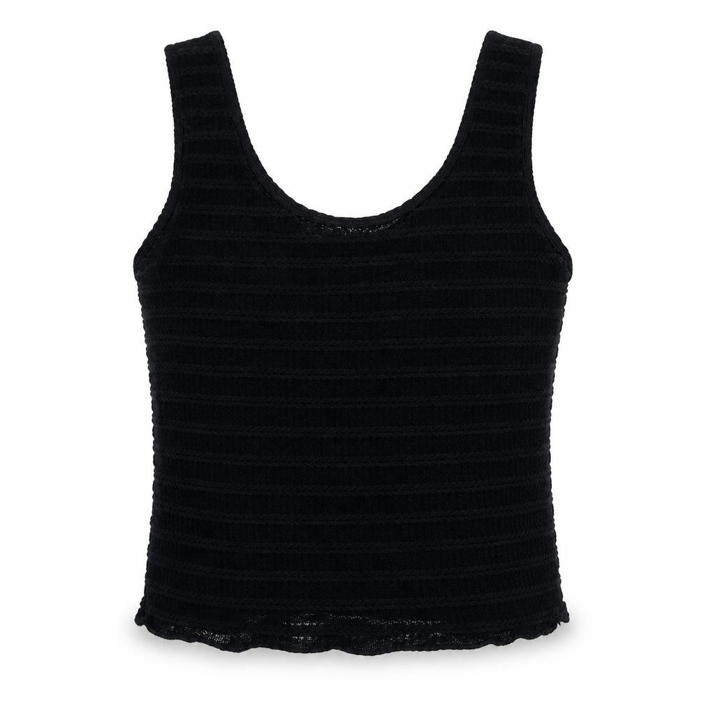 Front view of Missguided women’s black polyester basic tank, size UK 6, scoop neck