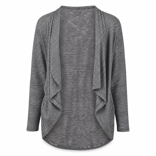 Front view of Miss Selfridge women’s grey round neck striped polyester cardigan jumper, size UK 10