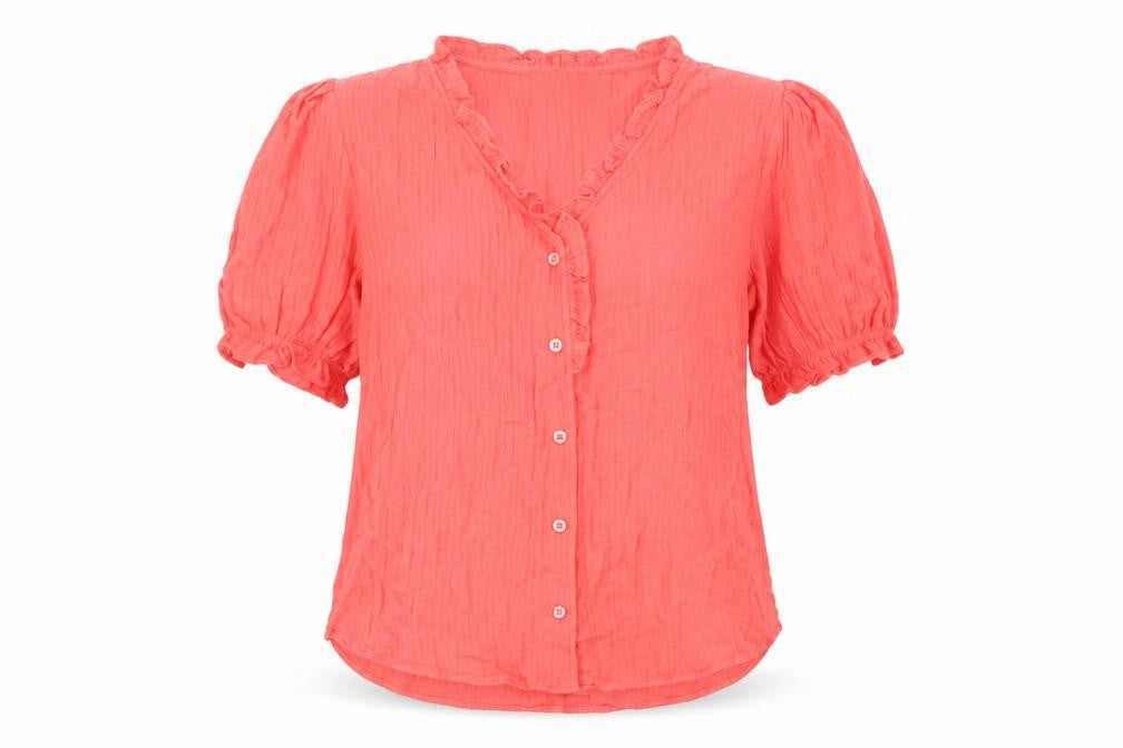 Front view of Per Una women’s orange cotton basic button-up, size UK 6, v-neck
